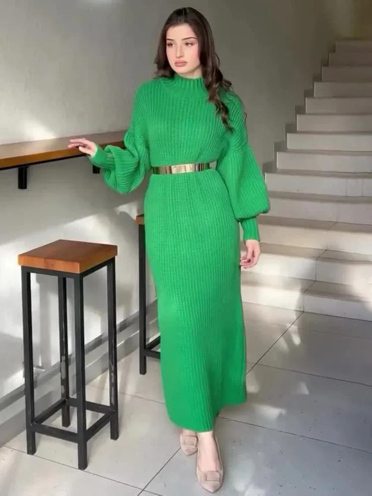 Turtleneck Pullover Solid Sweater Dress With Belt Mssaz Desses