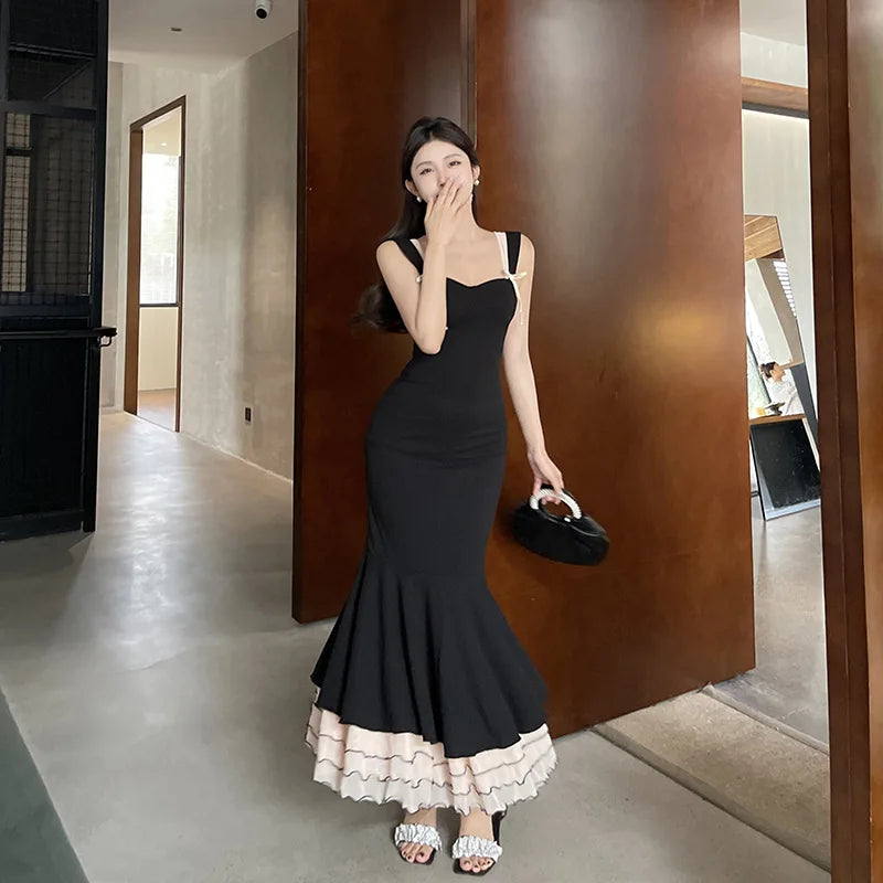 Black Ruffle Trim Fishtail Midi Dress Mssaz Desses