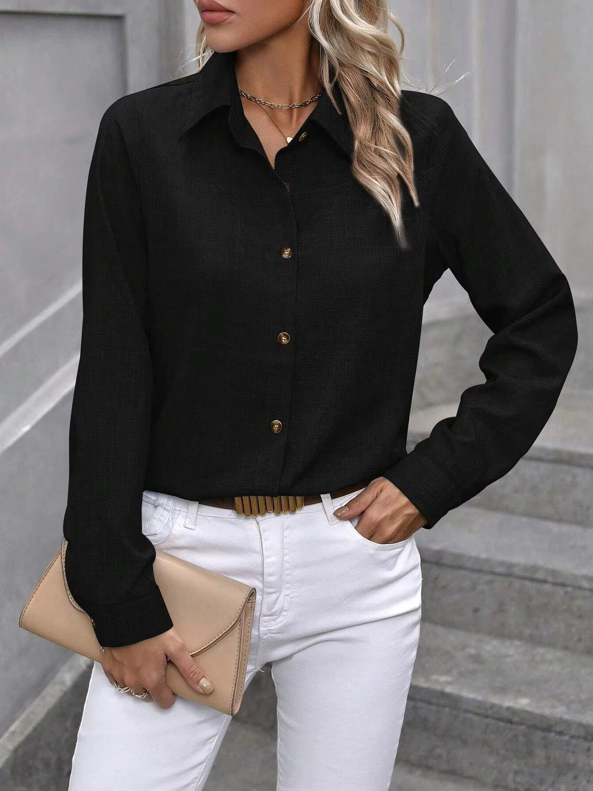 Casual A Solid Color Long-sleeved Lapel Simple Shirt Mssza