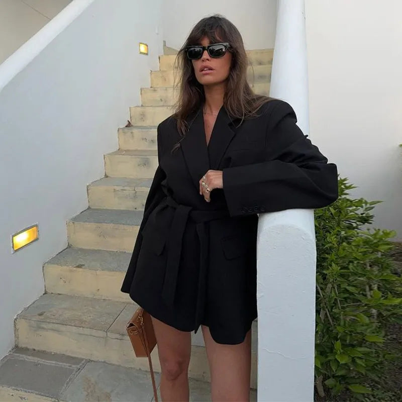 Lace-up V Neck Solid Blazer Dress Mssaz Desses