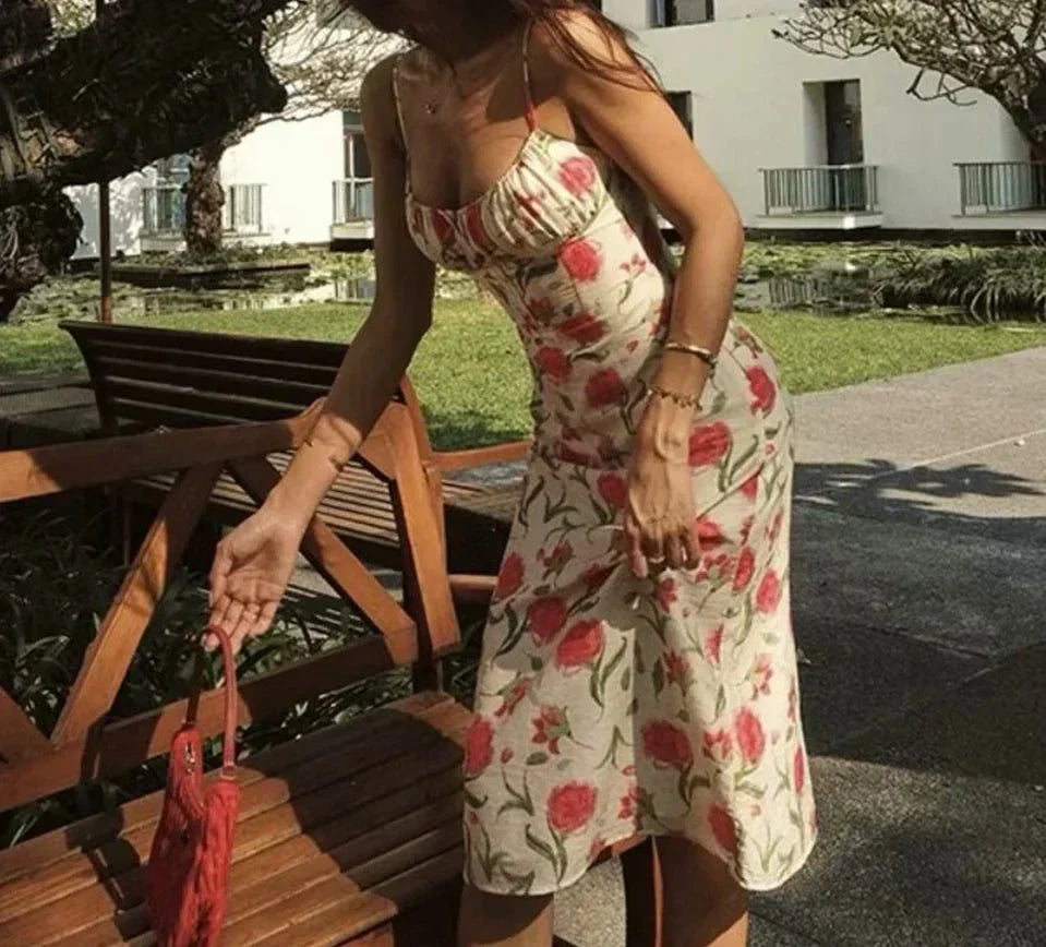 Large Flowers Elastic Buttons Midi Dress Mssaz Desses