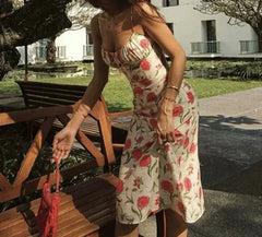 Large Flowers Elastic Buttons Midi Dress Mssaz Desses