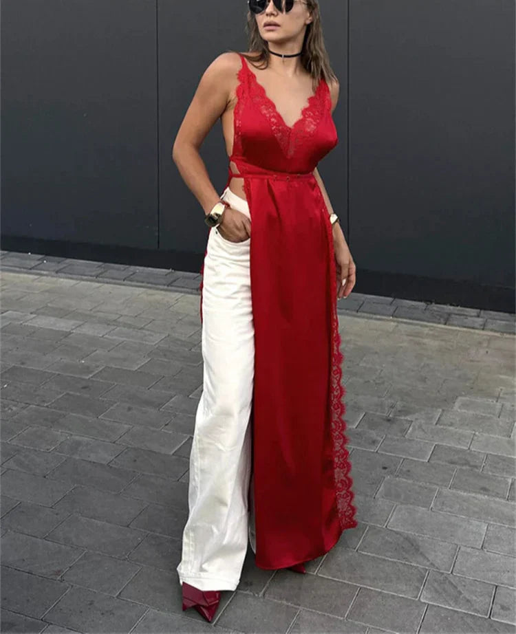 Lace Satin Patchwork High Split Maxi Dress Mssaz Desses