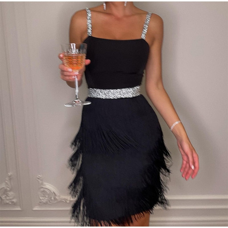 Off Shoulder Suspender Fringed Slim Dress Mssaz Desses