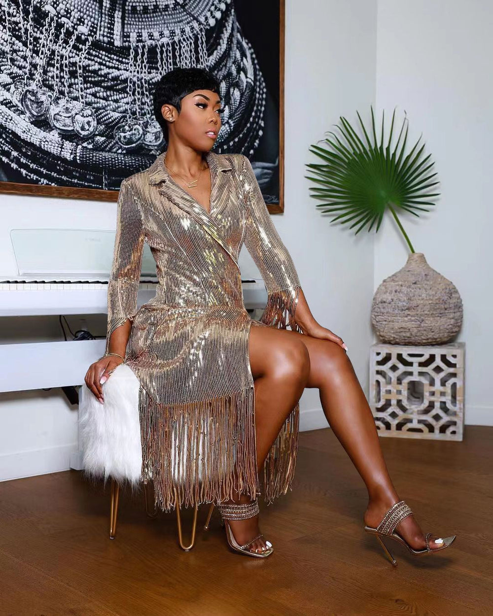 Solid Notched Tassel Sequin Decoration Knee Length Dress Mssaz Desses