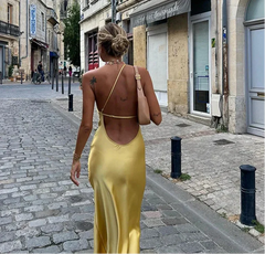 Backless Satin Slant Shoulder Solid Slit Long Dress Mssaz Desses