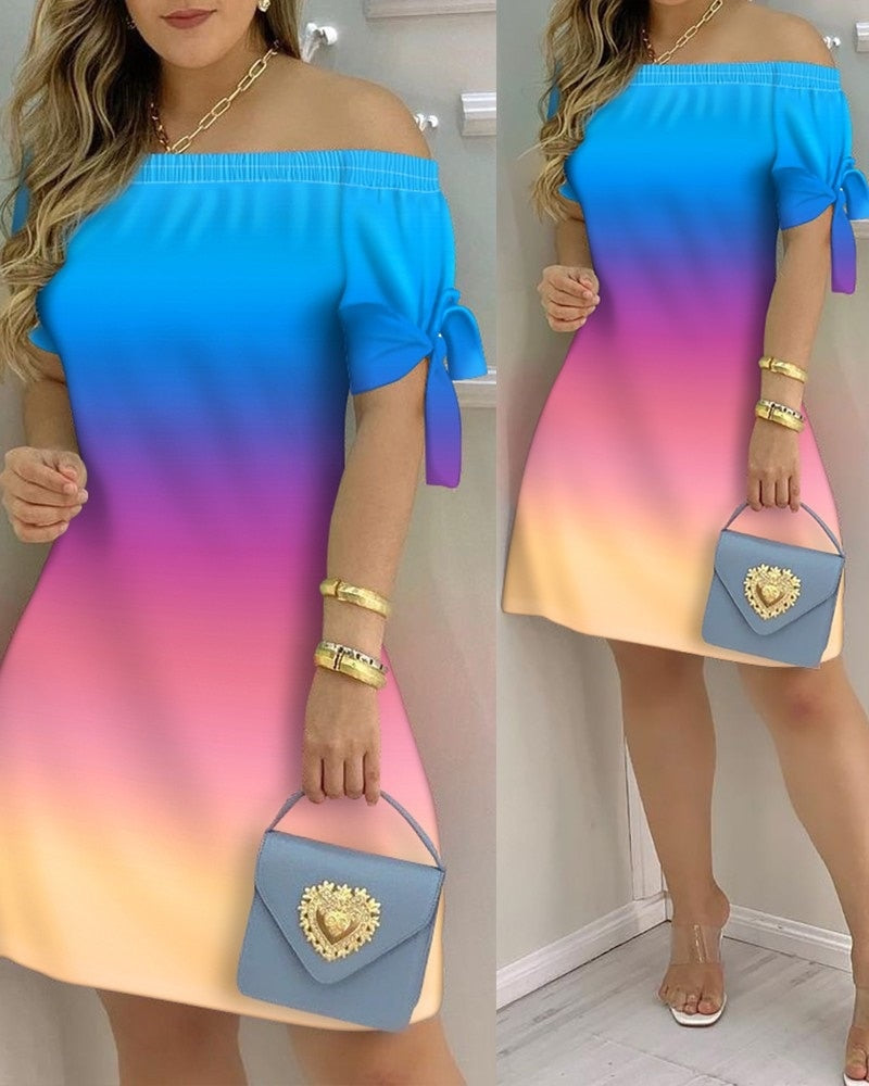 Off Shoulder  Mini Dress Short Sleeve Bow Tie Striped Plaid Floral Vestidos Mssaz Desses