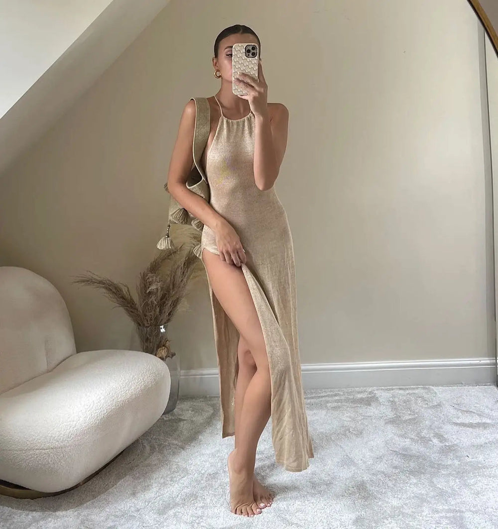 Knitted Cover Up Slit Bodycon Halter Neck Long Dress Mssaz Desses