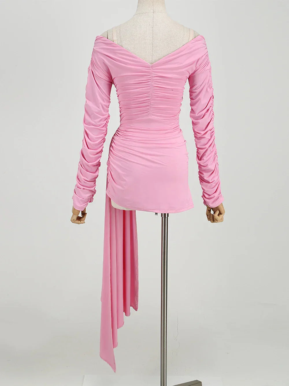 Pink Hollow Out Long Sleeved V-Neck Mini Dress Mssaz Desses