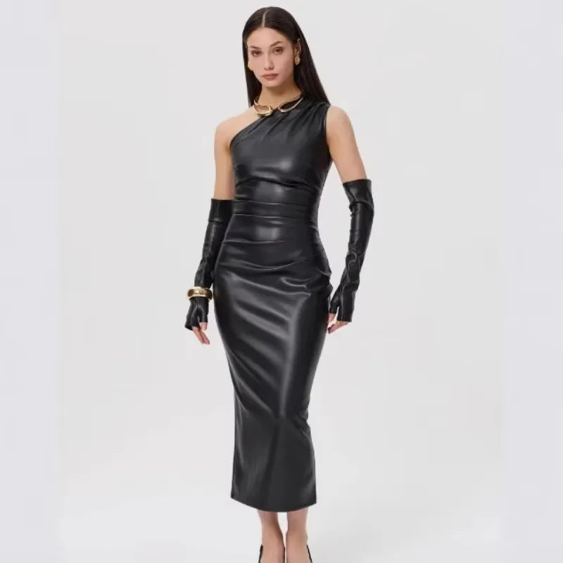Off-Shoulder Strapless Faux Leather Patchwork Dress Mssaz Desses