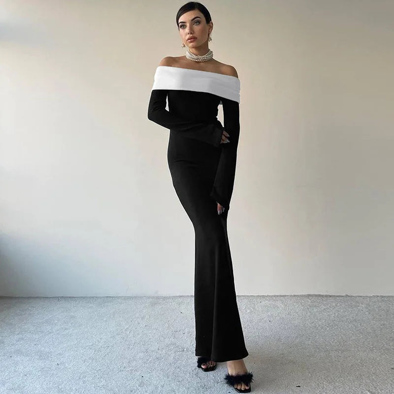 Black & White Off-the-Shoulder Maxi Dress with Long Sleeves Mssaz Desses