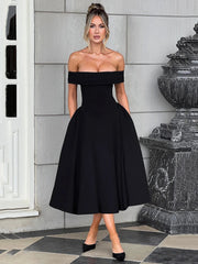 Off-Shoulder Flare Midi Dress Mssaz Desses