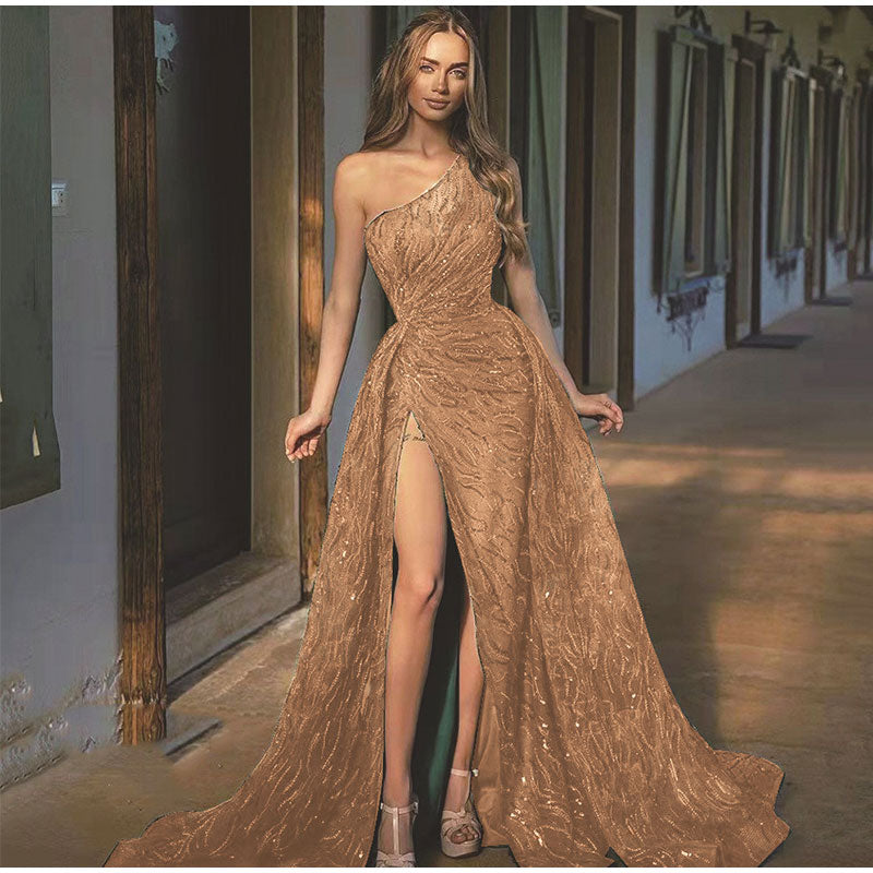 Sequin Off Shoulder High Split Inclined Shoulder Dress Mssaz Desses