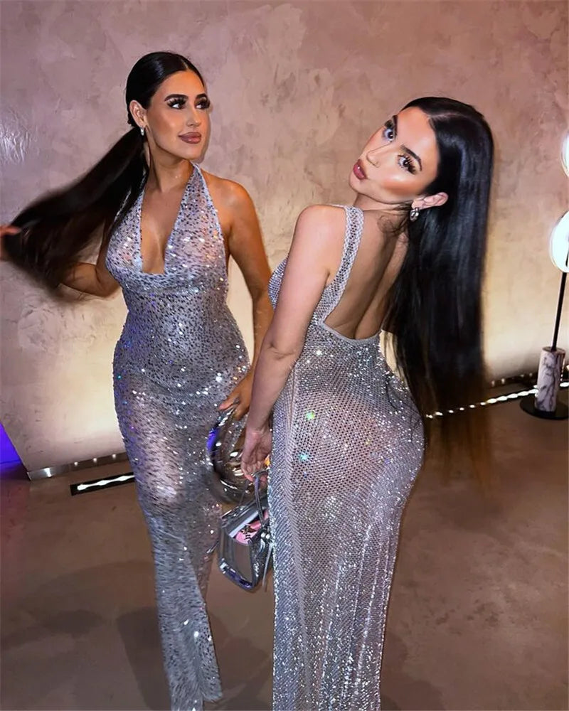 Halter Neck Backless Glitter Long Dress Mssaz Desses