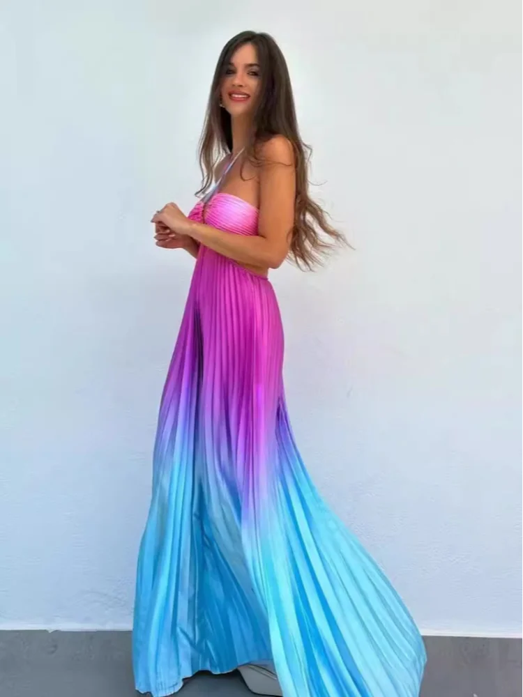 Satin Gradient Pleated Sleeveless Maxi Dress Mssaz Desses