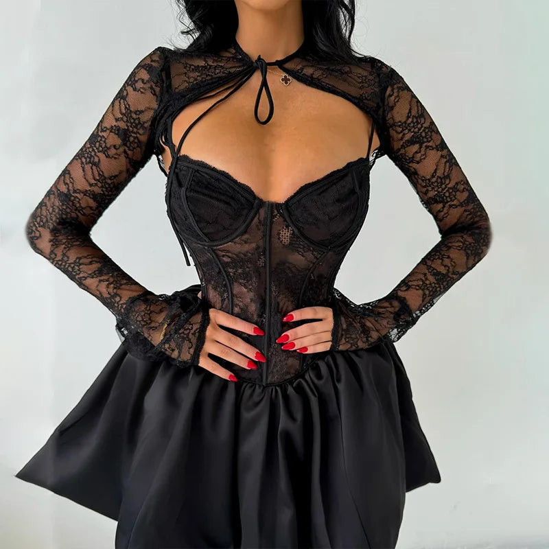 Black Lace Long Sleeve Flare Mini Dress Mssaz Desses