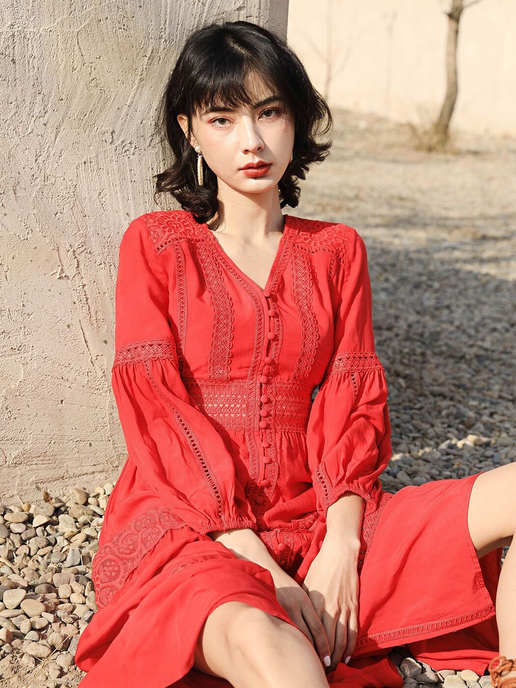 Cotton Patchwork Lace Dresses V-Neck Lantern Sleeve Maxi Dress Mssaz Desses