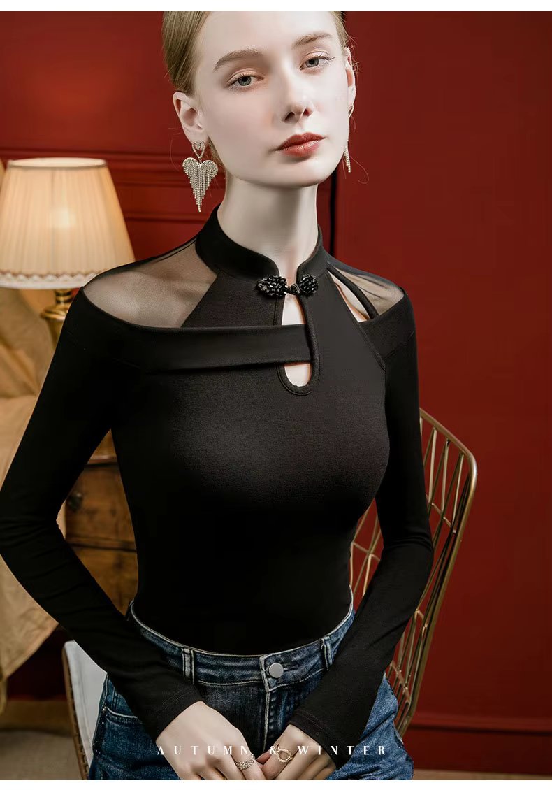 Vintage Irregular Mesh Long Sleeve Unique Qipao Base Collarbone Tops T-Shirt Mssza