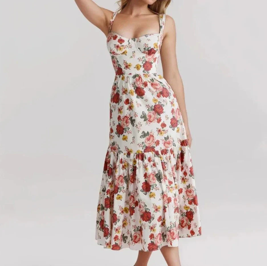 Flower Print Corset Style Ruffles Hem Midi Dress Mssaz Desses