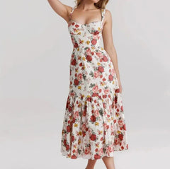 Flower Print Corset Style Ruffles Hem Midi Dress Mssaz Desses