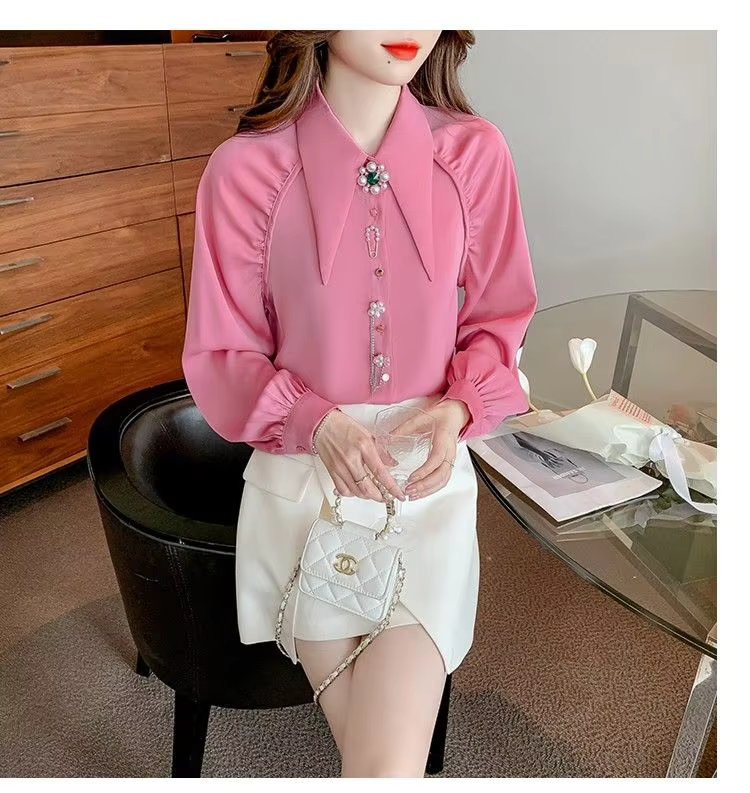 Beading Diamonds Korean Single-breasted  Elegant Lapel Shirt Mssza