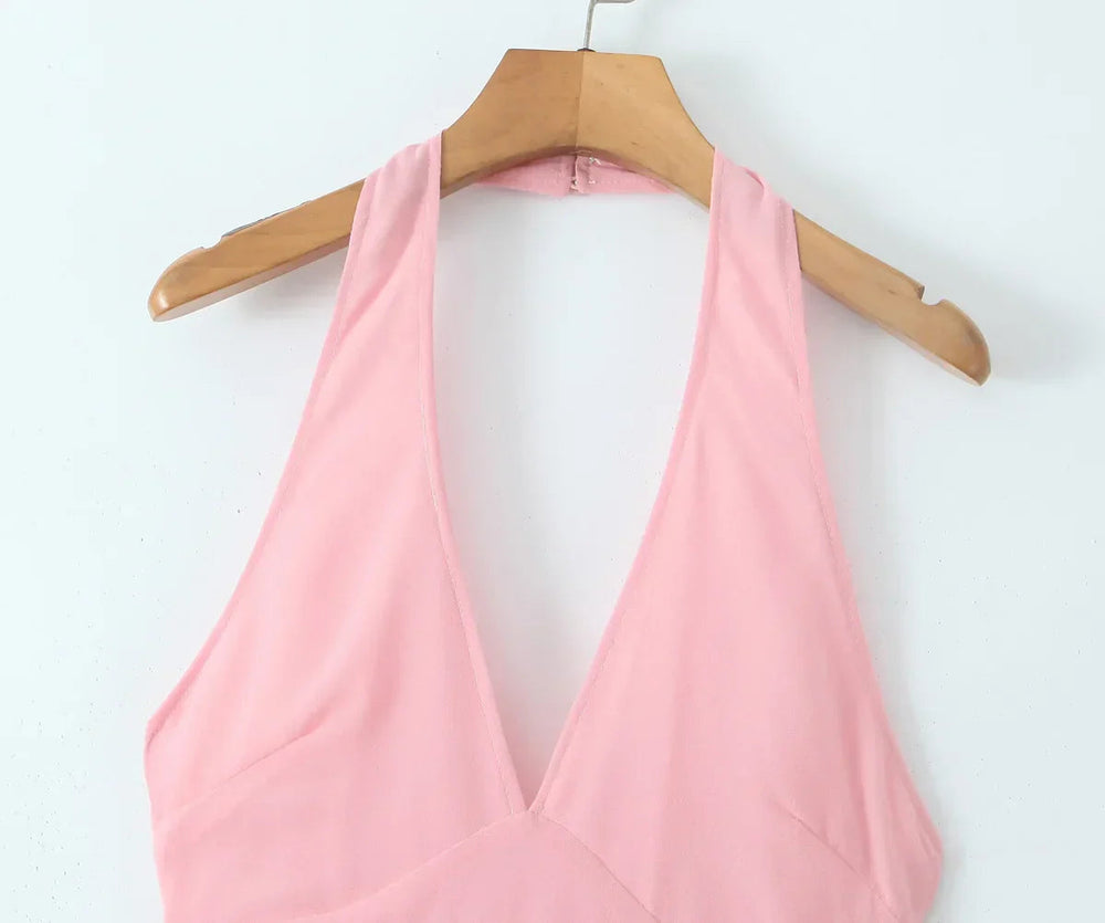 Pink Deep V Collar Halter Sling Midi Dress Mssaz Desses