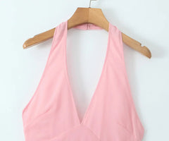 Pink Deep V Collar Halter Sling Midi Dress Mssaz Desses