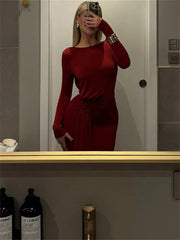Red Lace-Up Pleated Long Sleeve Maxi Dress Mssaz Desses