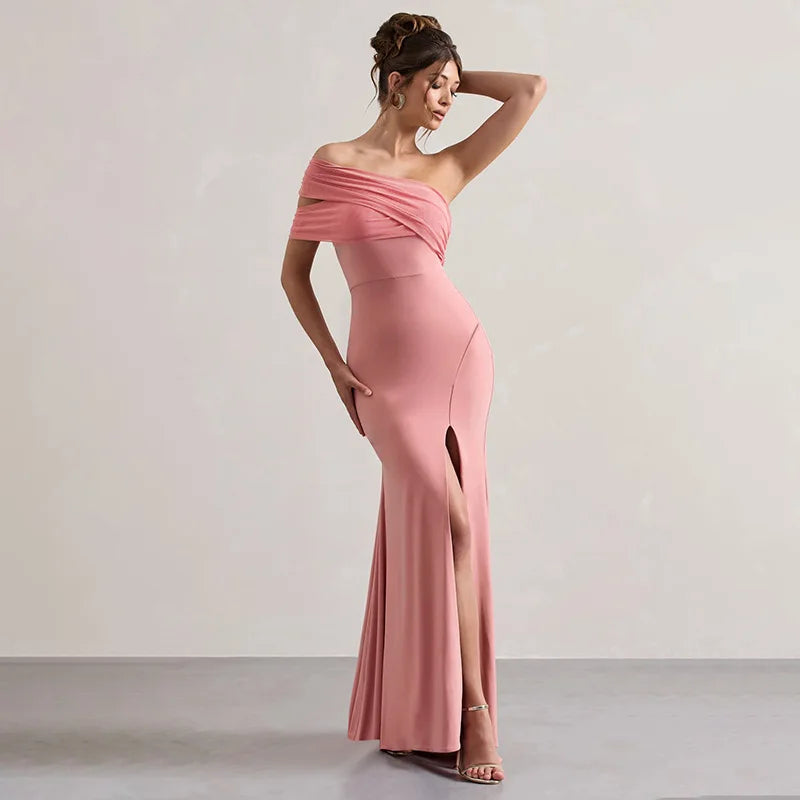 Solid One Shoulder Mesh Slit Long Dress Mssaz Desses