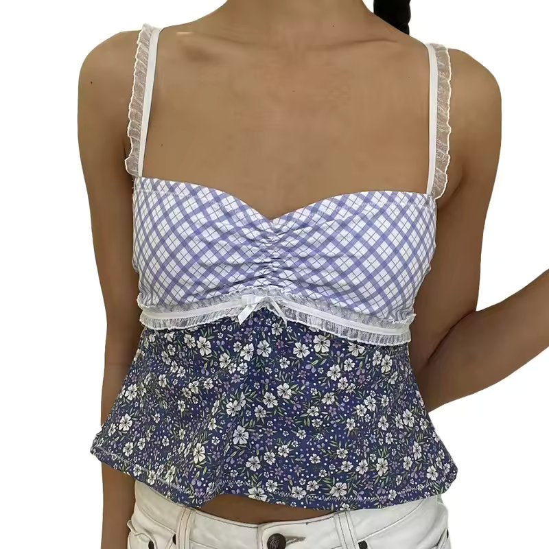 Plaid Floral Camisoles  Lace Trim Sleeveless Sling Tank Slim Vests Tops Mssza