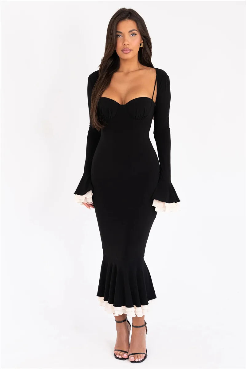 Patchwork Square Collar Evening Fishtail Dress Mssaz Desses