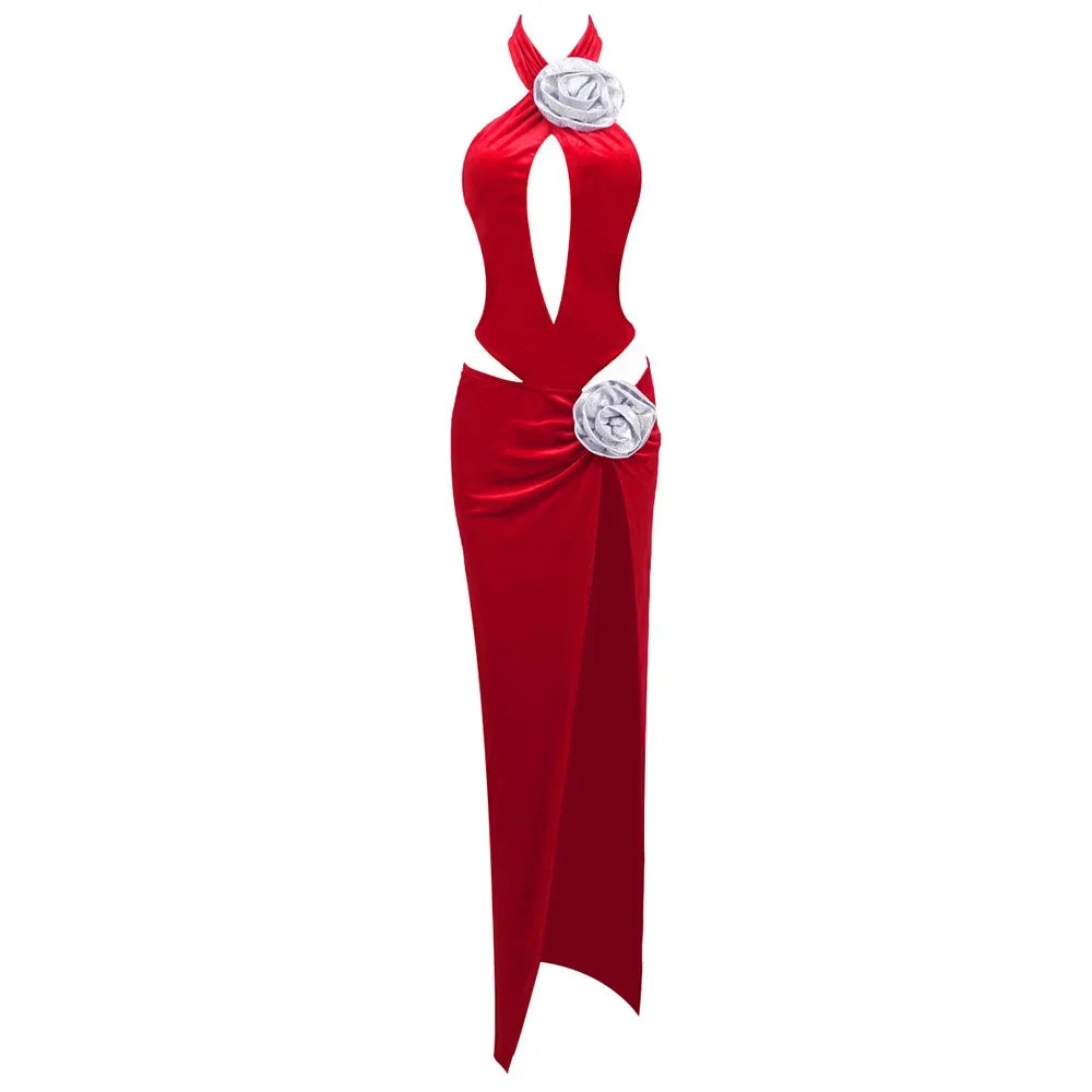 Red Velvet Maxi 3D Flower Evening Gown Mssaz Desses
