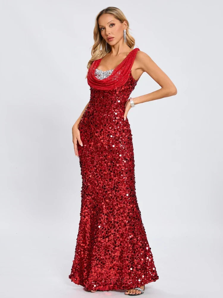 Swinging Neck Sequins Red Long Dress Mssaz Desses