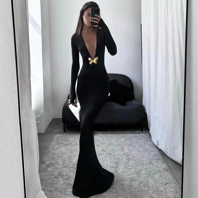 Black Fishtail Dress Dramatic Style with Butterfly Mssaz Desses