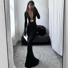 Black Fishtail Dress Dramatic Style with Butterfly Mssaz Desses
