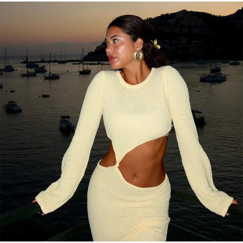 Knitted Hollow Out Solid O-neck Slit Maxi Dress Mssaz Desses