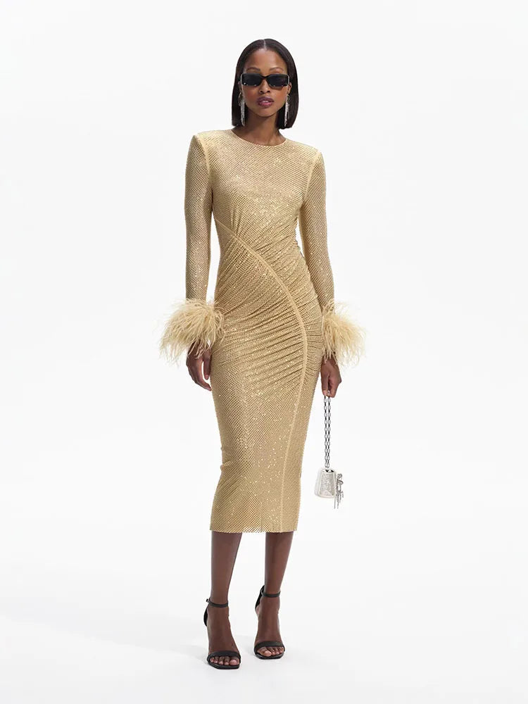 Feathers Rhinestone Folds Midi Dress Mssaz Desses