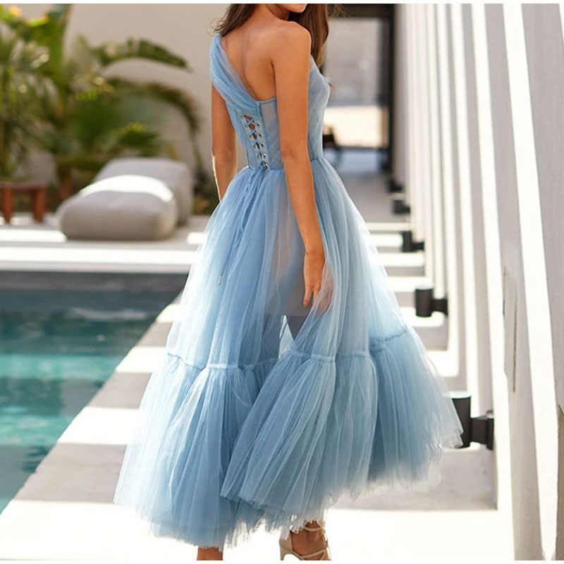 One Shoulder Tulle Mesh Evening Party A-Line Tutu Dress Mssaz Desses