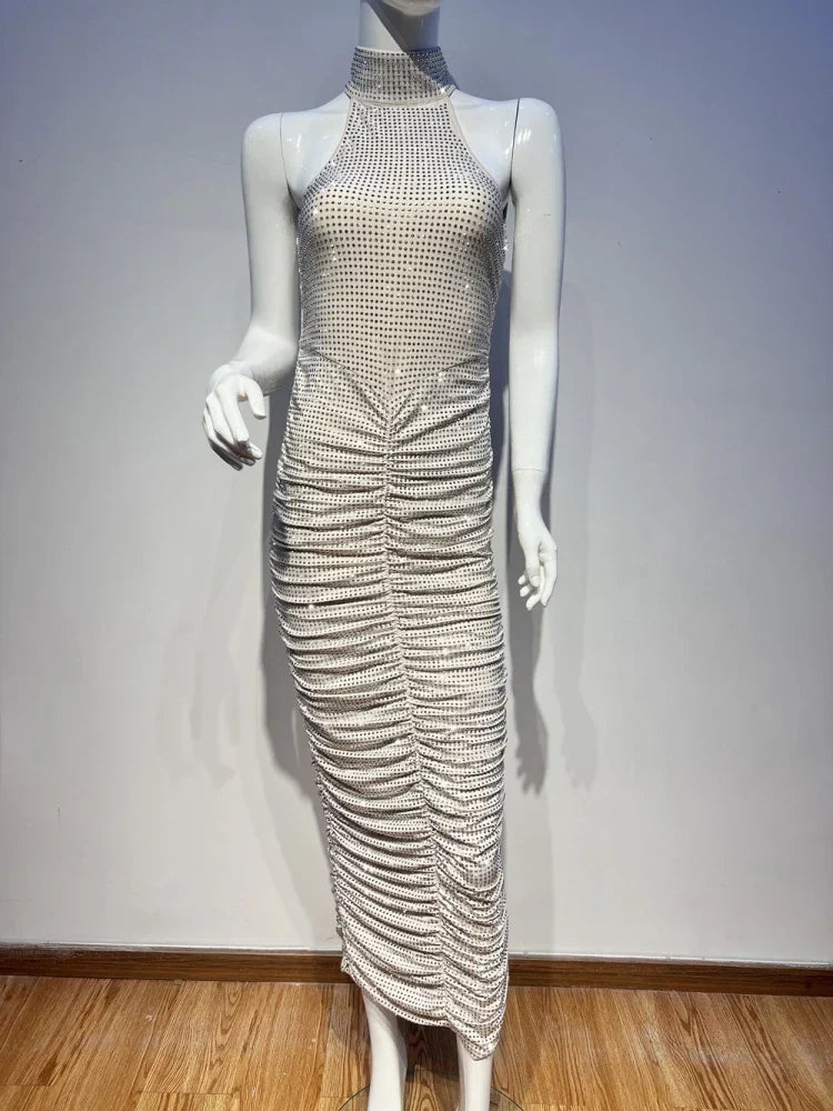 Halter Neck Backless Crystal Folds Long Dress Mssaz Desses