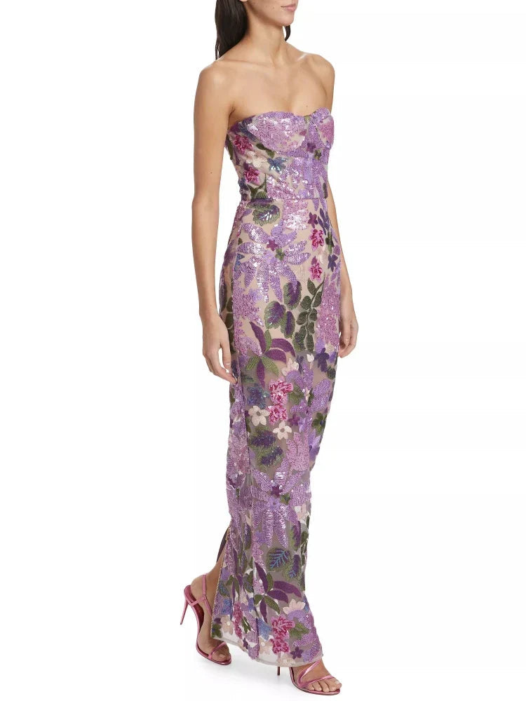 Floral-Embellished Sequin Lavender Ankle Length Dress Mssaz Desses