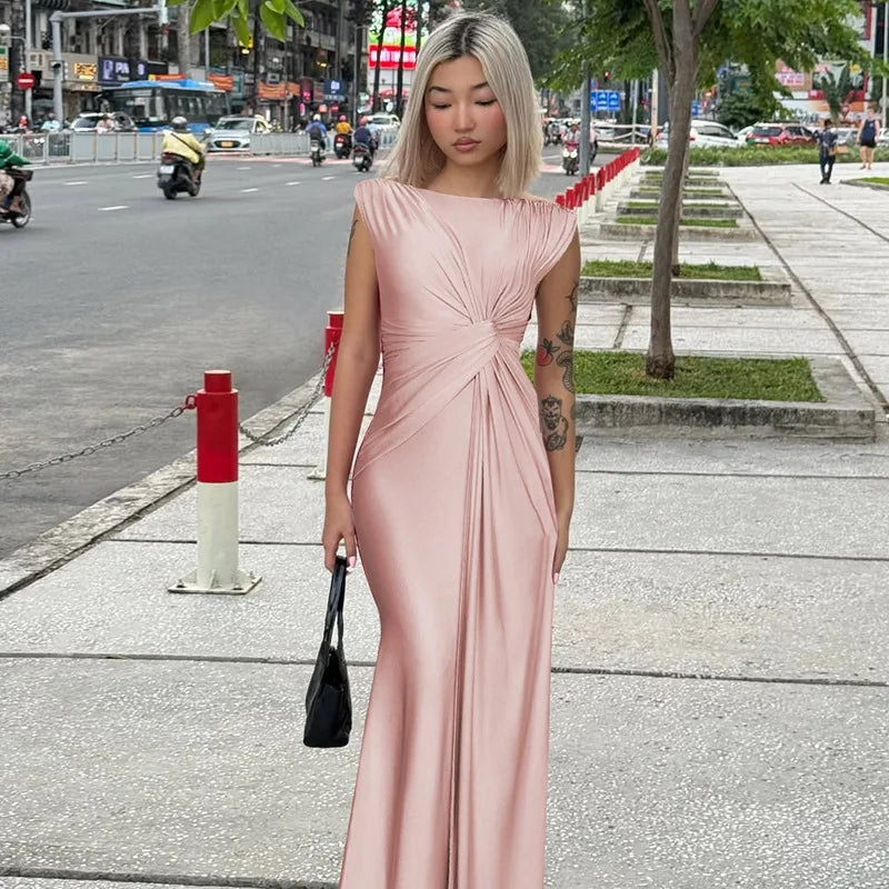 Solid Boat Neck Twist Knot Long Dress Mssaz Desses