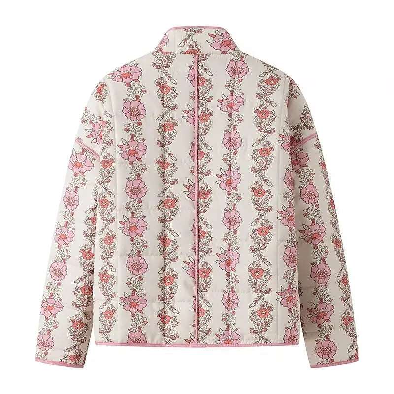 Pink Flower Print Stand neck Quilted Jacket Mssaz Desses