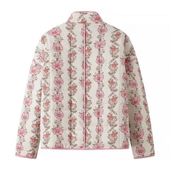 Pink Flower Print Stand neck Quilted Jacket Mssaz Desses