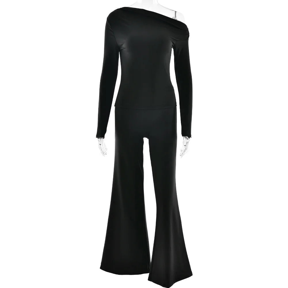 One Shoulder Flare Sleeve Top Long Pant Suit Mssaz Desses
