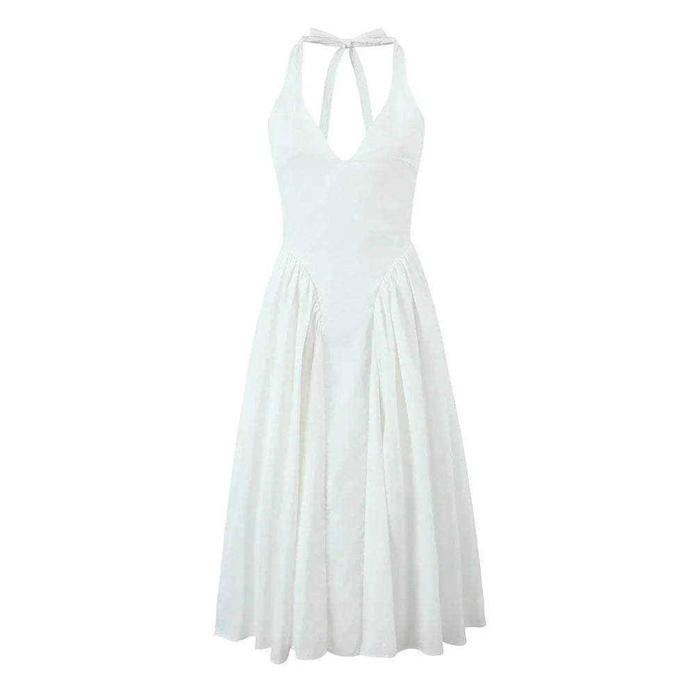 White Bow Halter Neck Pleated Midi Dress Mssaz Desses