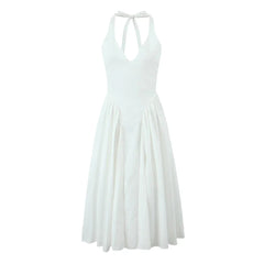 White Bow Halter Neck Pleated Midi Dress Mssaz Desses