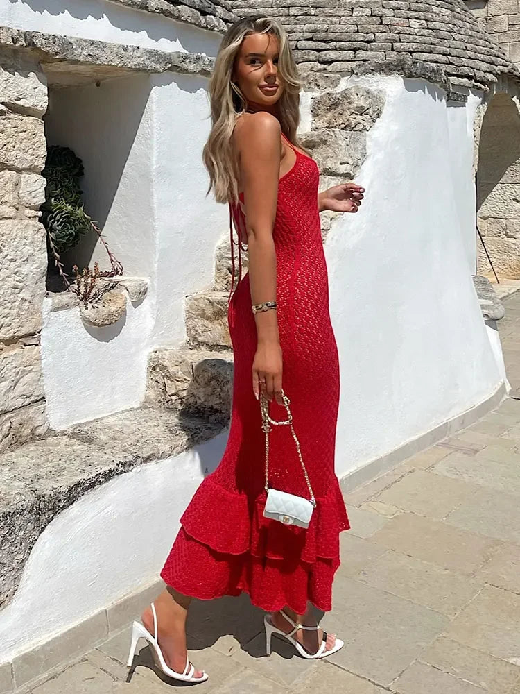 Spaghetti Ruffle Wrap Knit Beach Dress Mssaz Desses