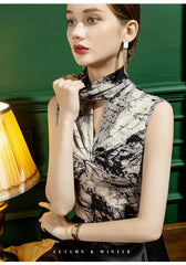 High-Neck Pattern Mesh Hollow Cross Bottoming Bright Silk Printed Sleeveless Top Mssza