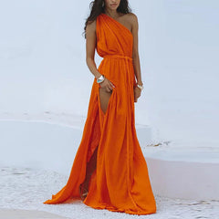 Solid Split Pleated Bandage Long Dress Mssaz Desses