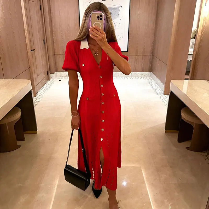 Ribbed Contrast Collar Short Sleeve Buttoned Midi Dress Mssaz Desses